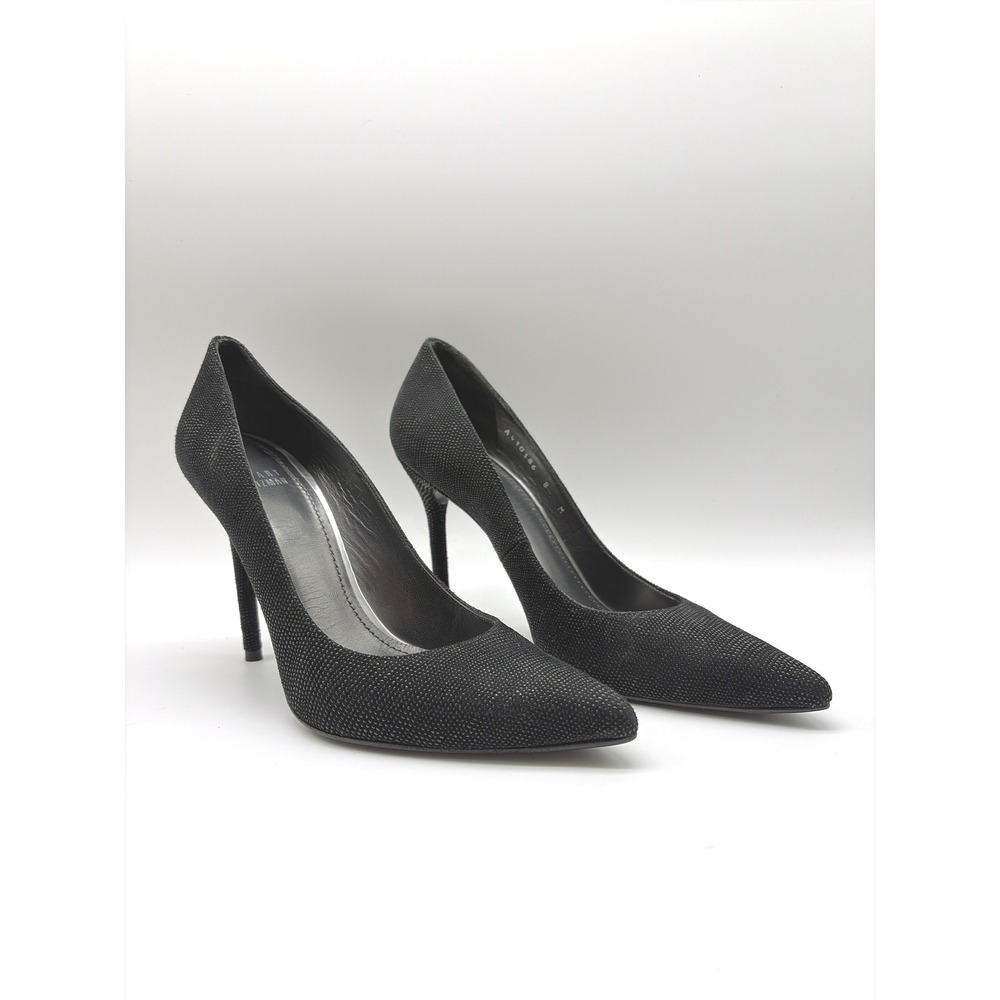 Stuart Weitzman Flirt Black Textured Pointed Toe Stiletto Pumps A410186 8 M